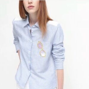 Vilagallo Isabella Sequin Blue and White Striped Button Down Shirt DONUTS